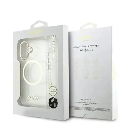 Guess IML Glitter Script Strap MagSafe kryt iPhone 17 bílý