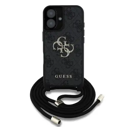 Guess PU 4G Metal Logo Strap kryt iPhone 16 černý