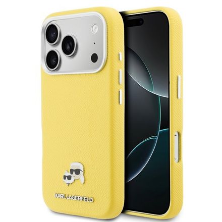 Karl Lagerfeld PU Karl and Choupette Heads Pins MagSafe kryt iPhone 17 Pro žlutý