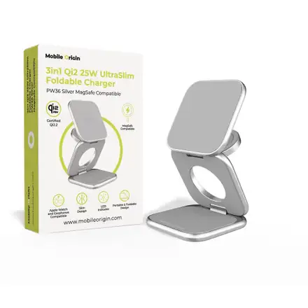 Mobile Origin 3in1 Qi2 25W UltraSlim Foldable Charger PW36 MagSafe Compatible - Silver