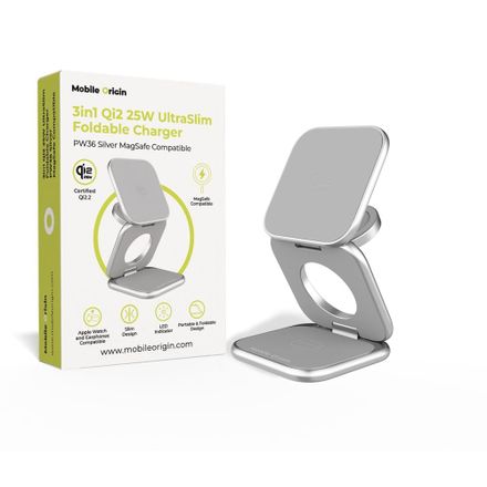 Mobile Origin 3in1 Qi2 25W UltraSlim Foldable Charger PW36 MagSafe Compatible - Silver
