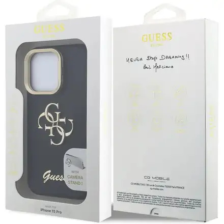 Guess PU Grained 4G Logo Stand Camera Frame kryt iPhone 15 Pro černý