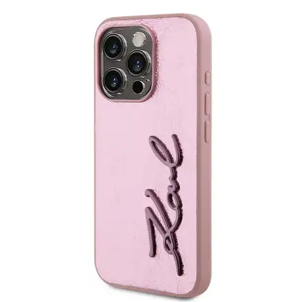 Karl Lagerfeld Wrinkled PU Signature Logo kryt iPhone 15 Pro Max růžový