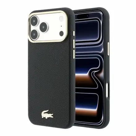 Lacoste PU Leather Champs Elysees Gold Logo MagSafe kryt iPhone 18 Pro černý