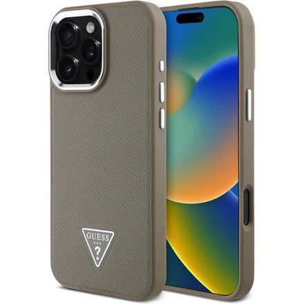 Guess PU Grained Triangle Logo MagSafe kryt iPhone 16 Pro Max hnědý