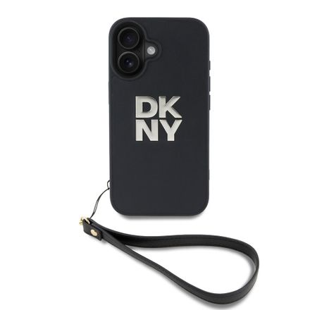 DKNY PU Leather Stack Logo Wrist Strap kryt iPhone 16 černý