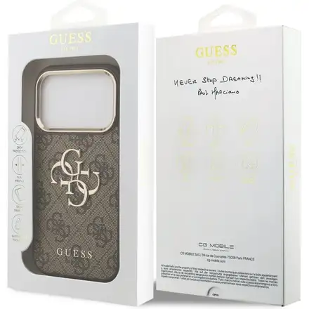 Guess PU Leather 4G Metal Logo Gold Frame kryt iPhone 17 Pro Max hnědý