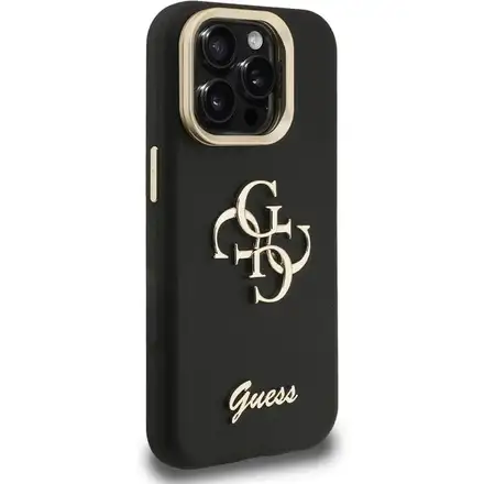 Guess PU Grained 4G Logo Stand Camera Frame kryt iPhone 15 Pro černý