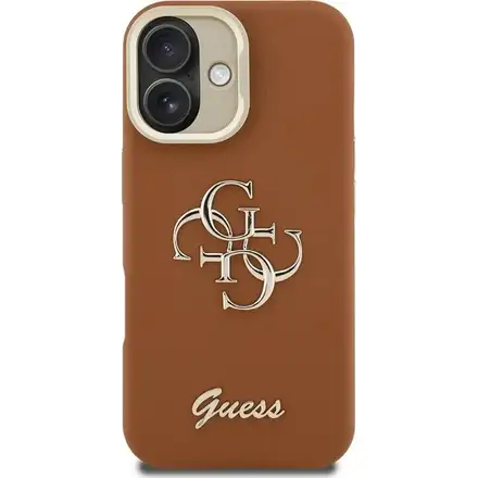 Guess PU Grained 4G Logo Stand Camera Frame kryt iPhone 16 hnědý