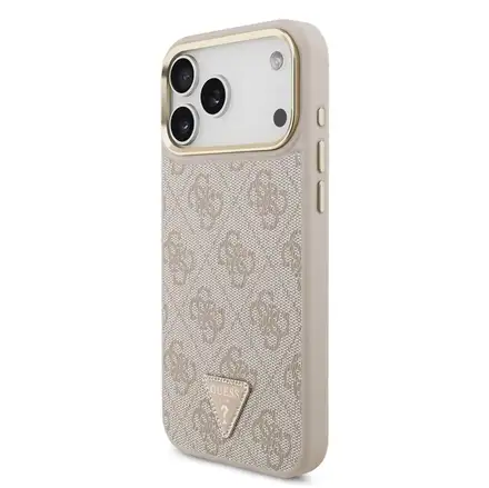 Guess PU Leather 4G Strass Triangle Logo Gold Frame MagSafe kryt iPhone 18 Pro Max růžový