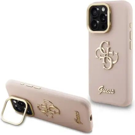 Guess PU Grained 4G Logo Stand Camera Frame kryt iPhone 15 Pro Max růžový