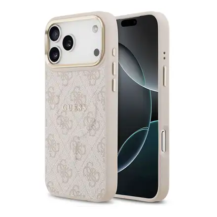 Guess PU Leather 4G Strass Triangle Logo Gold Frame MagSafe kryt iPhone 17 Pro Max růžový
