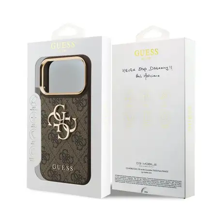Guess PU Leather 4G Metal Logo Gold Frame kryt iPhone 18 Pro hnědý