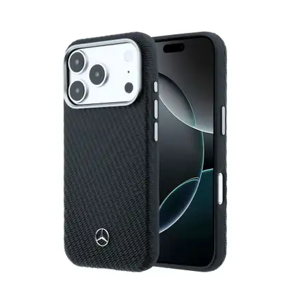 Mercedes PU Leather Wood Semi Wrap MagSafe Kryt pro iPhone 17 Pro černý