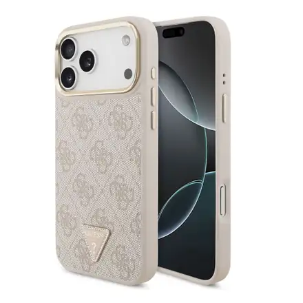 Guess PU Leather 4G Strass Triangle Logo Gold Frame MagSafe kryt iPhone 18 Pro Max růžový