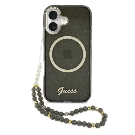 Guess IML Glitter Script Strap MagSafe kryt iPhone 17 černý