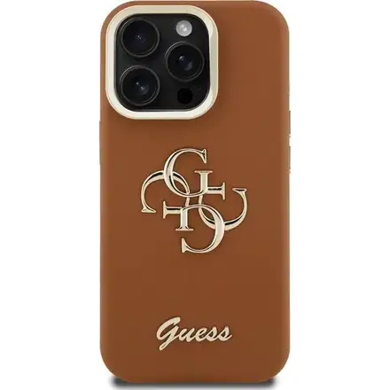 Guess PU Grained 4G Logo Stand Camera Frame kryt iPhone 15 Pro hnědý