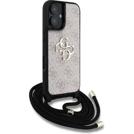 Guess PU 4G Metal Logo Crossbody Popruh kryt iPhone 16 růžový