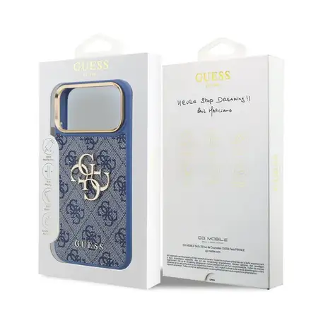 Guess PU Leather 4G Metal Logo Gold Frame kryt iPhone 18 Pro Max modrý
