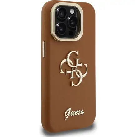 Guess PU Grained 4G Logo Stand Camera Frame kryt iPhone 15 Pro hnědý
