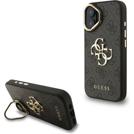 Guess PU 4G Metal Logo Stand Camera Frame kryt iPhone 16 černý