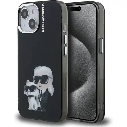 Karl Lagerfeld IML Aquarelle Karl and Choupette kryt iPhone 15 černý