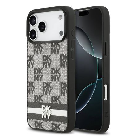 DKNY PU Leather Checkered Pattern and Stripe kryt iPhone 17 Pro Max černý