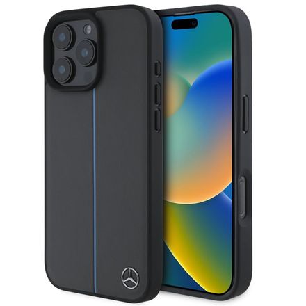 Mercedes Leather Blue Stripe MagSafe Zadní Kryt pro iPhone 16 Pro černý