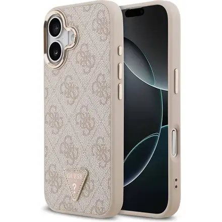 Guess PU Leather 4G Strass Triangle Logo Gold Frame MagSafe kryt iPhone 17 růžový