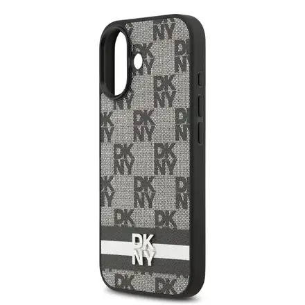 DKNY PU Leather Checkered Pattern and Stripe kryt iPhone 17 černý.