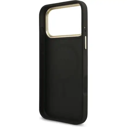 Guess PU Leather 4G Strass Triangle Logo Gold Frame MagSafe kryt iPhone Pro Max 17 černý