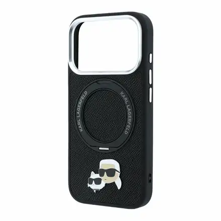 Karl Lagerfeld PU Grained K&CH Heads Ring Stand Magsafe kryt iPhone 18 Pro Max černá
