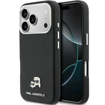 Karl Lagerfeld PU Karl and Choupette Heads Pins MagSafe kryt iPhone 17 Pro Max černý