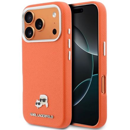 Karl Lagerfeld PU Karl and Choupette Heads Pins MagSafe kryt iPhone 17 Pro Max oranžový