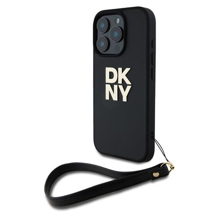 DKNY PU Leather Stack Logo Wrist Strap kryt iPhone 16 Pro černý