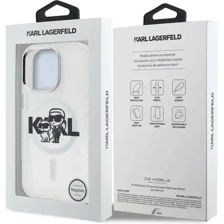 Karl Lagerfeld IML Glitter Karl and Choupette Sketch MagSafe kryt iPhone 15 Pro Max průhledný